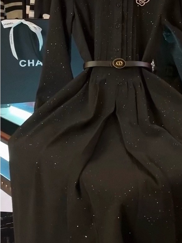 Black Long-Sleeve Sparkle Shirt Dress With Waist Belt